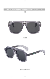 Detail of matte gray square sunglasses with gunmetal metal hinges and textured temples