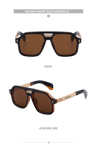 Detail view of square aviator sunglasses with gold metal temples and brown lenses