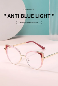 Modern cat-eye anti-blue light glasses with gold metal and pink acetate frame details