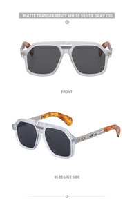 Detail of matte transparent square sunglasses with silver metal hinges and tortoiseshell tips