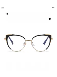 Detail of cat-eye anti-blue light glasses with black and gold frame on white background