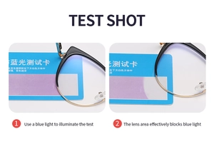 Blue light blocking test showing cat eye glasses lens protection against harmful rays