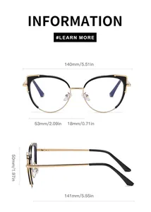 Detailed size chart for cat-eye glasses with 140mm frame width and 141mm temple length
