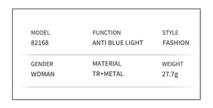 Detailed specifications for anti-blue light cat eye glasses with TR and metal frame details