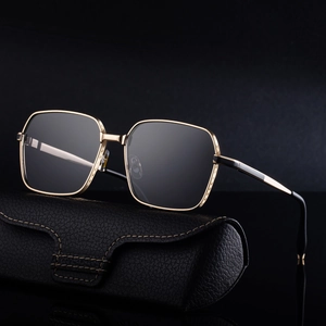 Lunettes de soleil carrées en métal doré pour hommes avec étui en cuir noir élégant