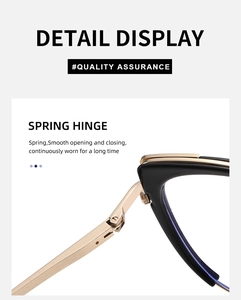 Detail view of the durable gold metal spring hinge on these black cat eye glasses