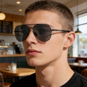 Classic pilot polarized sunglasses with double bridge and black metal frame on model