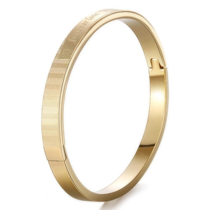 Polished gold titanium steel cuff bracelet with heart pattern and forever love engraving