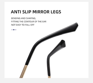 Close-up of anti-slip black and gold glasses legs with flexible bending for ear fit