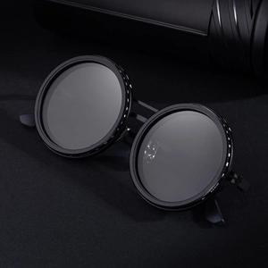 Fashionable black round frame sunglasses for men with adjustable ND filter and max scale