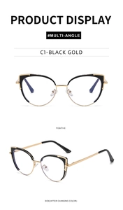 Detail view of cat-eye anti-blue light glasses in black and gold frame for women