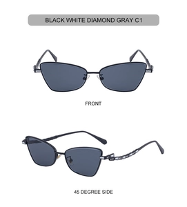 Front and 45-degree side views of black cat-eye sunglasses with diamond-studded temples