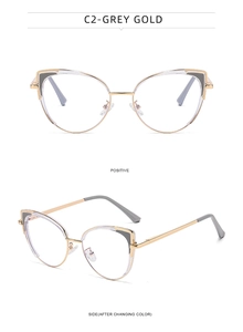Detail view of cat-eye glasses frame in grey gold showing front and side profile