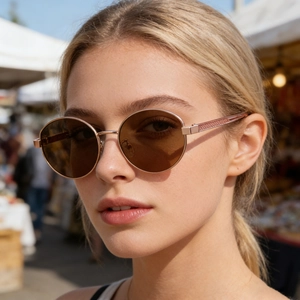 Oval polarized sunglasses for women with rose gold metal frame and brown lenses