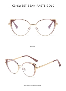 Detail of sweet bean paste and gold cat eye glasses frame with photochromic lenses