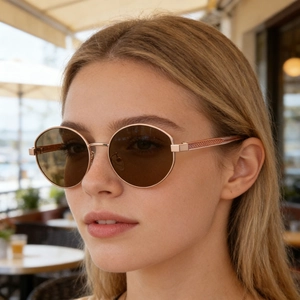 Close-up of rose gold oval sunglasses with detailed grid texture on the temples