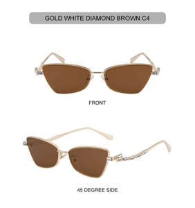 Front and side view of gold cat eye sunglasses with rhinestones on the temples