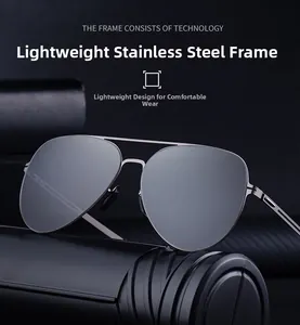 Detail of lightweight stainless steel aviator frame with polarized lenses for men