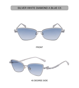 Detail of silver cat-eye sunglasses with rhinestone temples and blue gradient lenses