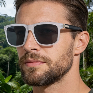 Close-up of frosted square polarized sunglasses for men with metal hinge details