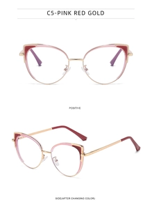 Cat eye glasses frame in pink red gold showing front and side photochromic detail