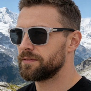Close-up of square polarized sunglasses with textured non-slip temples and metal hinges