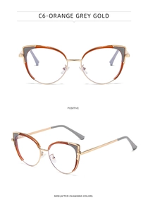 Detailed view of cat-eye frames in orange and grey with golden metal temples