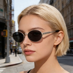 Gros plan de lunettes de soleil ovales tendance en métal argenté sur un mannequin