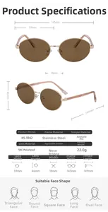 Detailed size chart for polarized oval sunglasses with frame measurements and materials