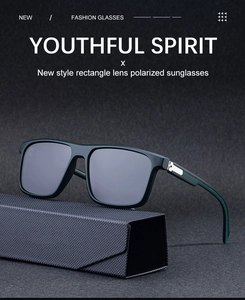 Polarized rectangle sunglasses with metal hinge detail on a textured dark background