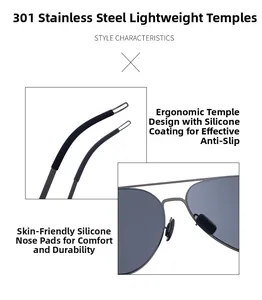 Detail of 301 stainless steel temples and skin-friendly silicone nose pads for comfort