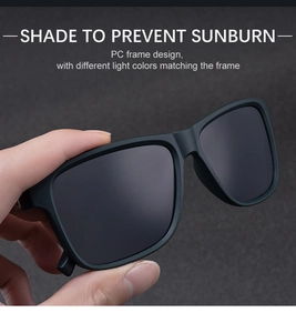 Detail shot of black PC square frame sunglasses with protective dark gray polarized lenses
