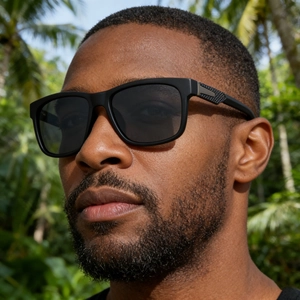 Men wearing matte black square polarized sunglasses with textured arms in outdoor sun