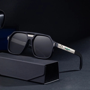 Square pilot sunglasses for men with metal accented temples and folding texture case