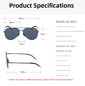 Detailed size specifications for men's aviator sunglasses with polarized nylon lenses