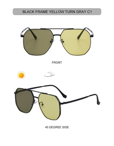 Détails de lunettes de soleil polygonales avec verres photochromiques jaune à gris