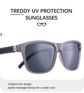 Detail of semi-transparent grey rectangular sunglasses with matte finish and metal accents