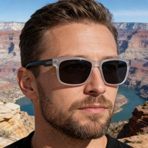 Close-up of square polarized sunglasses featuring honeycomb detailing and matte frame