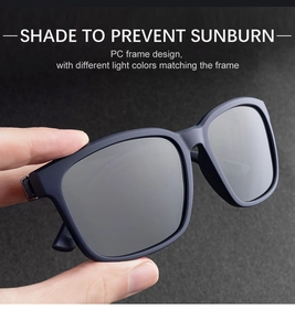 Detail of square PC frame sunglasses with dark lenses and UV protection coating