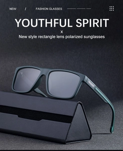 Close-up of polarized square sunglasses on a black triangular case with silver accents