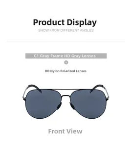 Front view of aviator sunglasses with gray frame and HD nylon polarized gray lenses