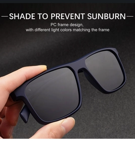 Detail showing matte navy blue square polarized sunglasses with PC frame and grey lenses