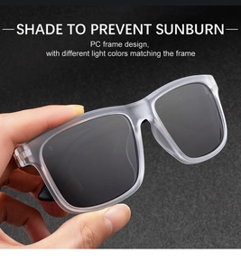 Detail of matte translucent grey PC frame sunglasses with polarized dark lenses