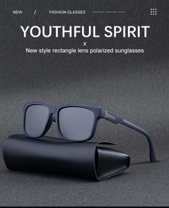 Close-up of matte blue polarized square sunglasses with textured temples on a leather case