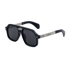 Square black sunglasses with silver metal temples featuring eagle wing relief accents