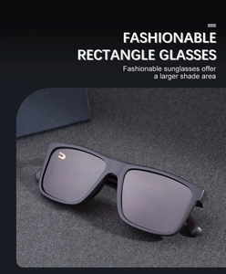 Detail shot of matte black rectangular sunglasses with dark lenses and D logo branding