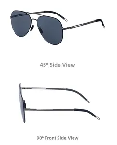 Detailed views of aviator sunglasses with black metal frame and gray polarized lenses