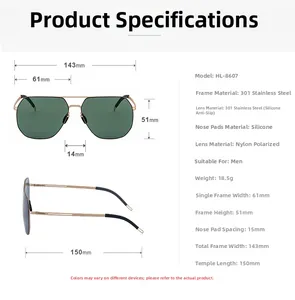 Tableau des tailles détaillé des lunettes aviateur avec verres polarisés et monture acier