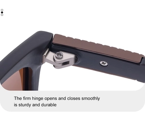 Detail of durable silver metal hinges and screws on matte black square sunglasses