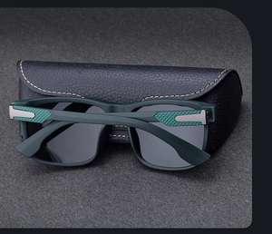 Deep green square polarized sunglasses for men with luxury leather case and metallic accents